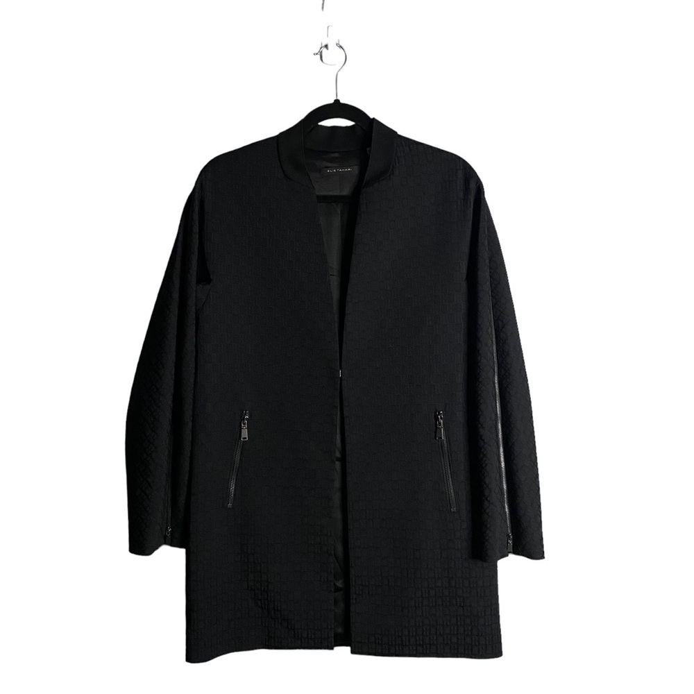 Elie Tahari Women's Black Textured Open Front Zip Sleeve Coat